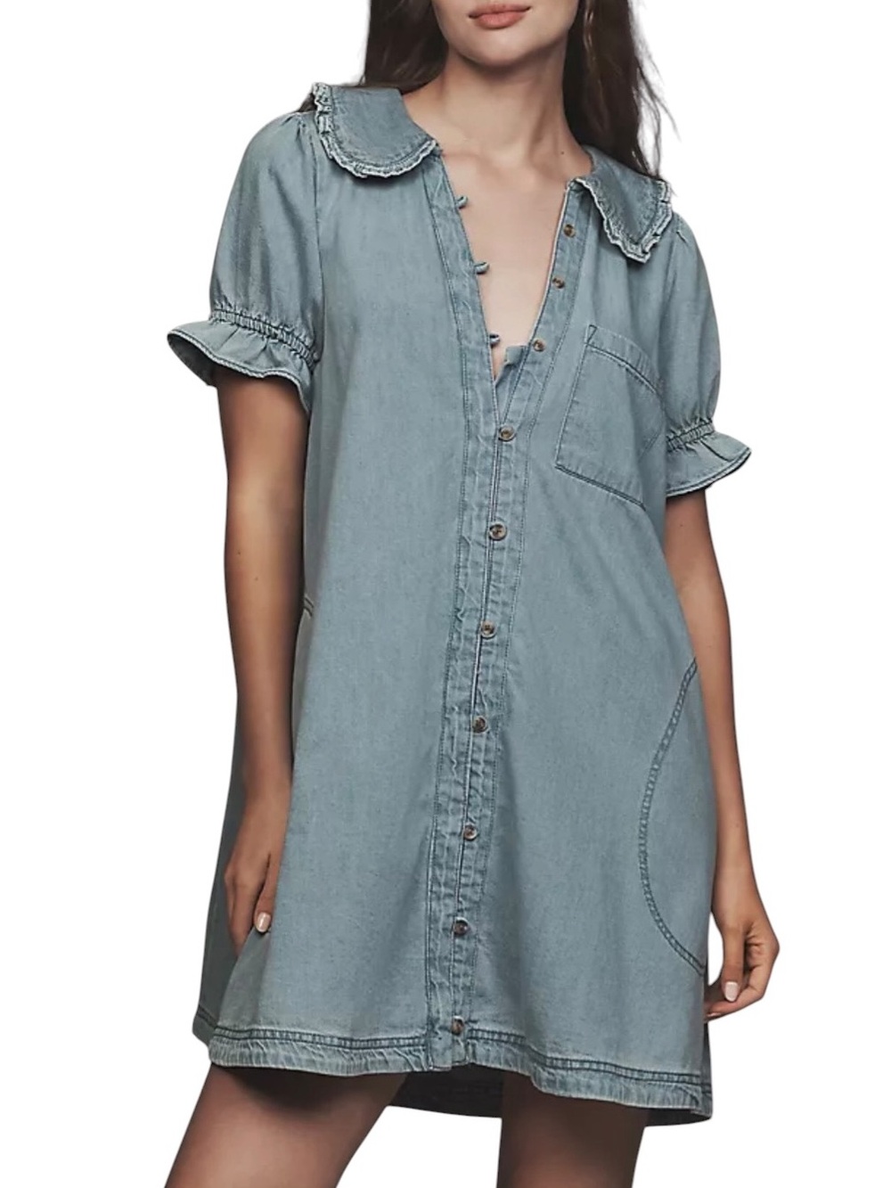 The Keira Denim Mini Dress Anthropologie Pilcro Cotton Light Wash Boho Size L - Picture 10 of 15